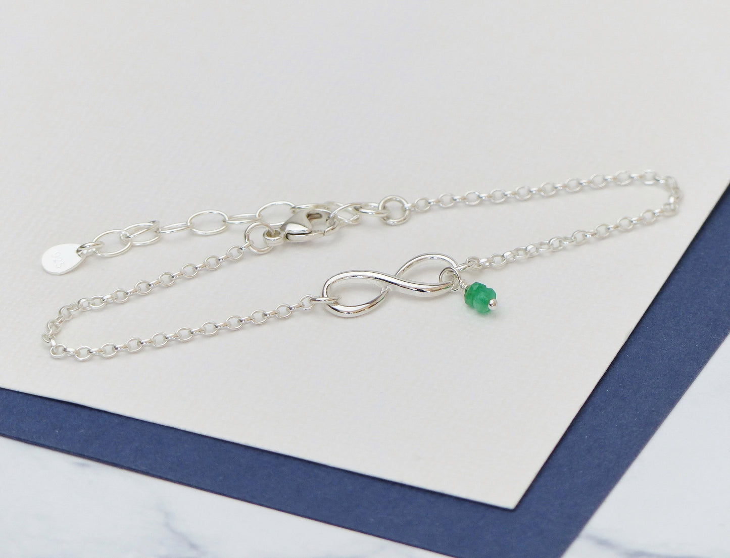 Genuine Emerald Sterling Silver Infinity Bracelet - May Birthstone Gift
