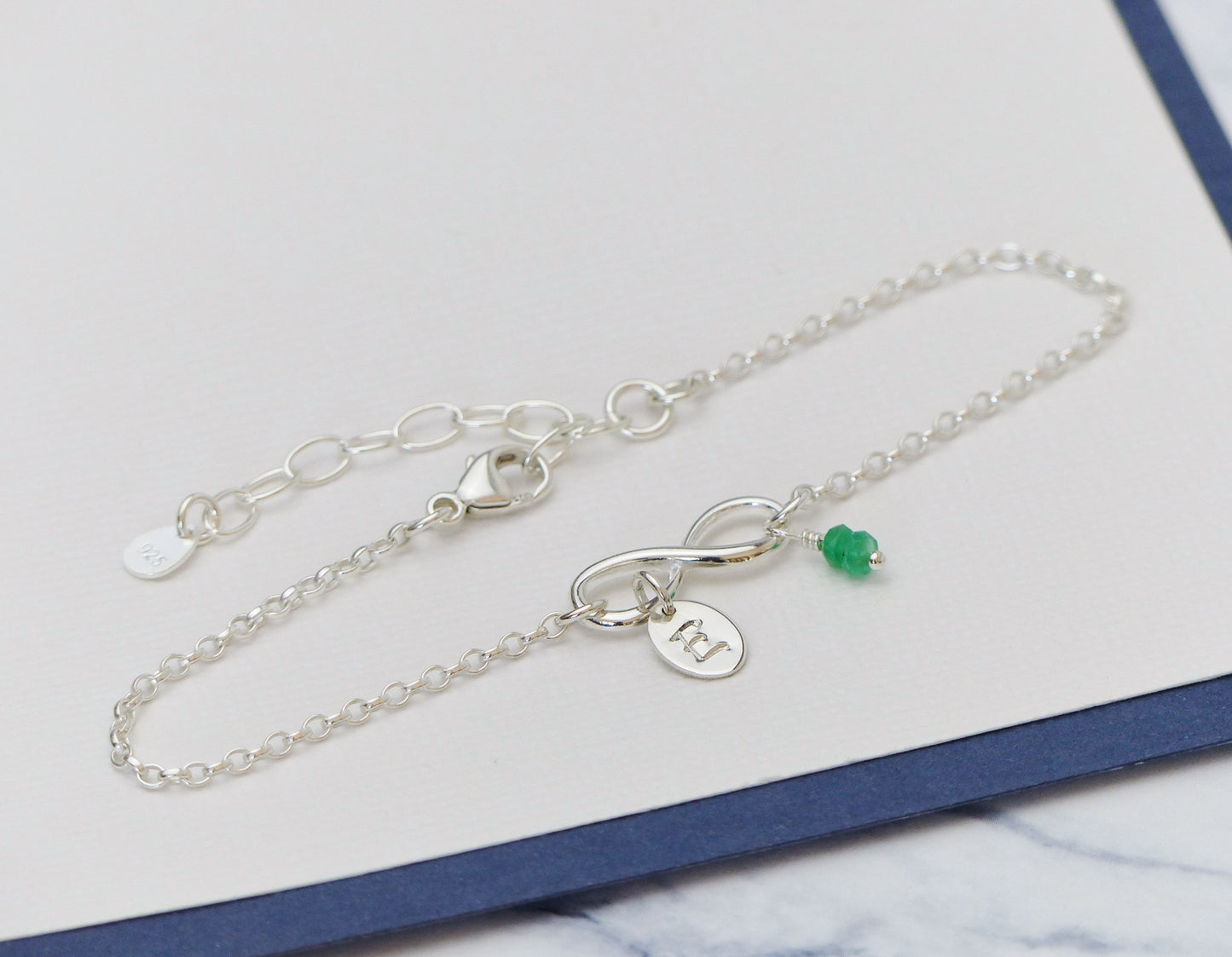 Personalised Emerald Charm Infinity Bracelet - Sterling Silver May Birthstone Gift