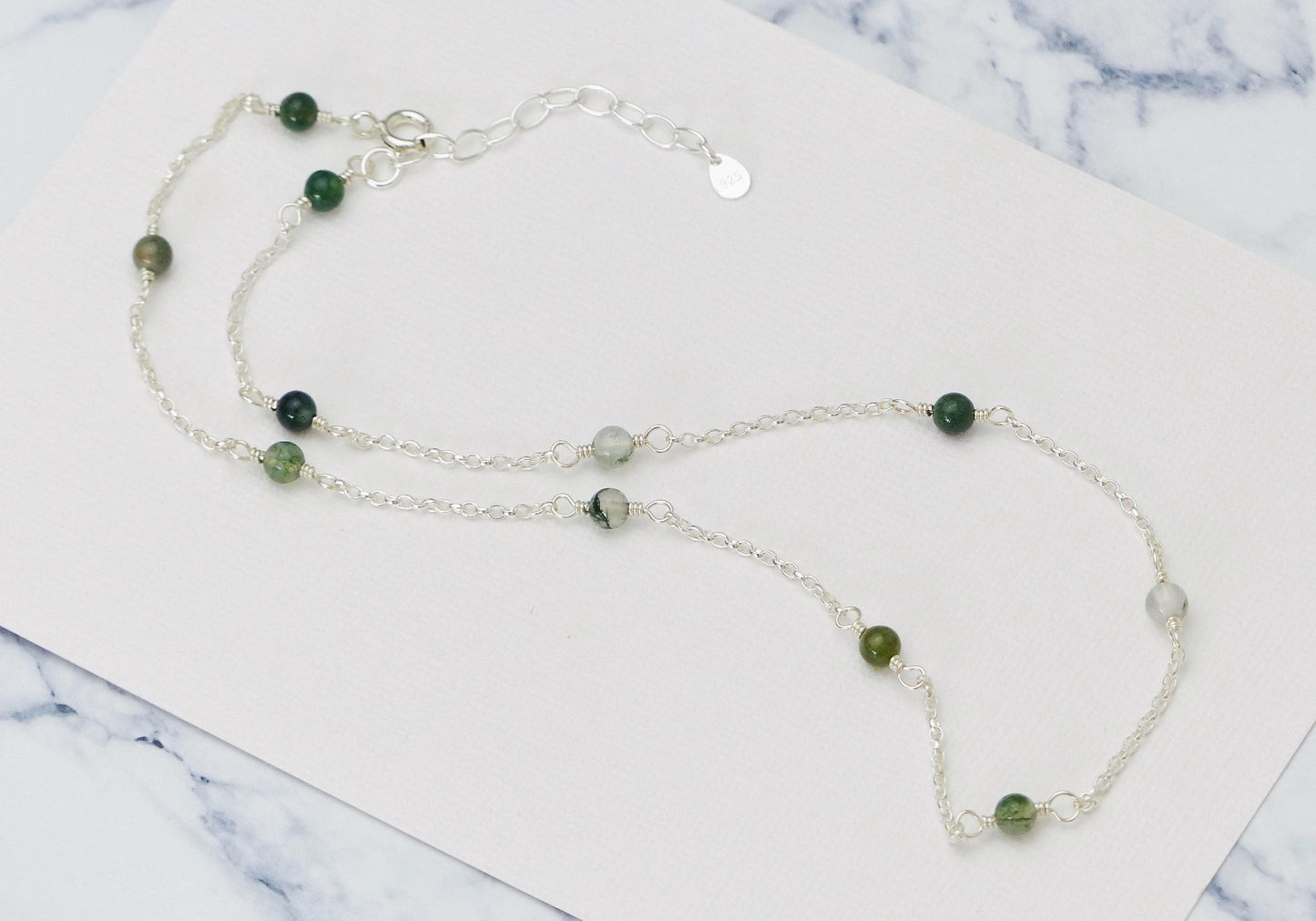 Green Moss Agate Necklace, Gemstone Station Necklace