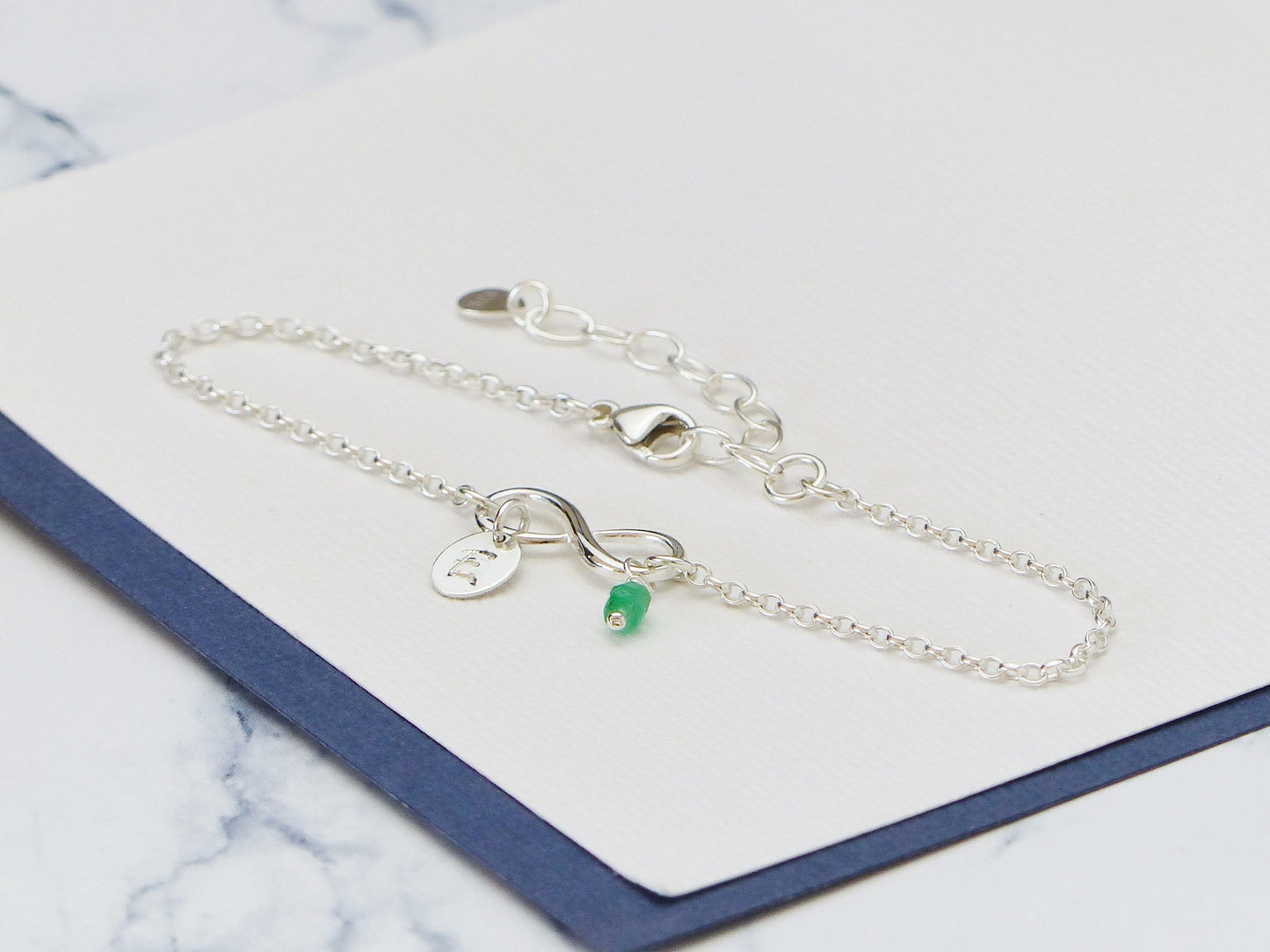 Personalised Emerald Charm Infinity Bracelet - Sterling Silver May Birthstone Gift