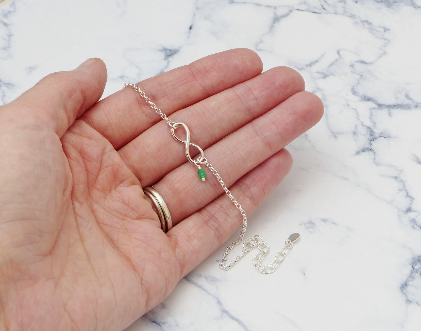 Genuine Emerald Sterling Silver Infinity Bracelet - May Birthstone Gift