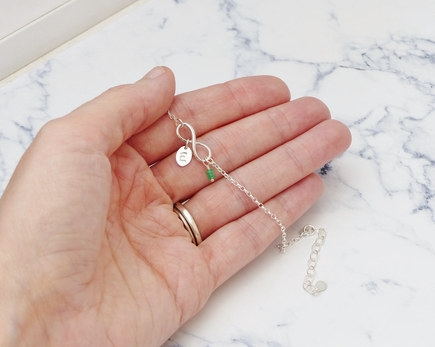 Personalised Emerald Charm Infinity Bracelet - Sterling Silver May Birthstone Gift