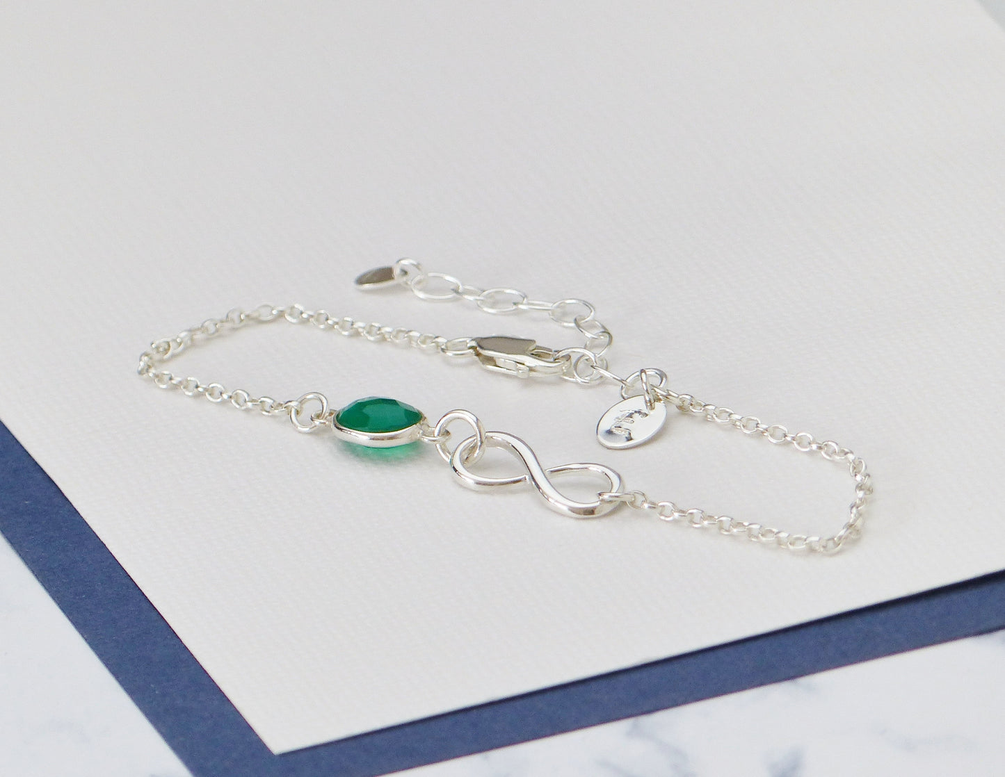 Personalised Green Onyx Infinity Bracelet - Sterling Silver