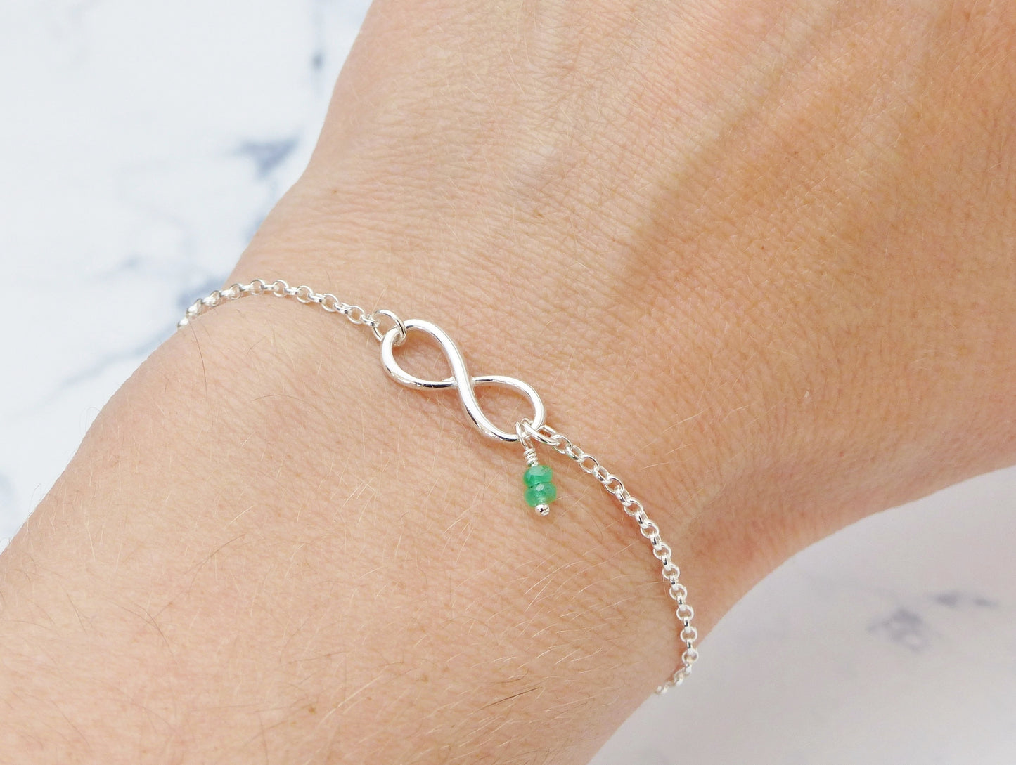 Genuine Emerald Sterling Silver Infinity Bracelet - May Birthstone Gift