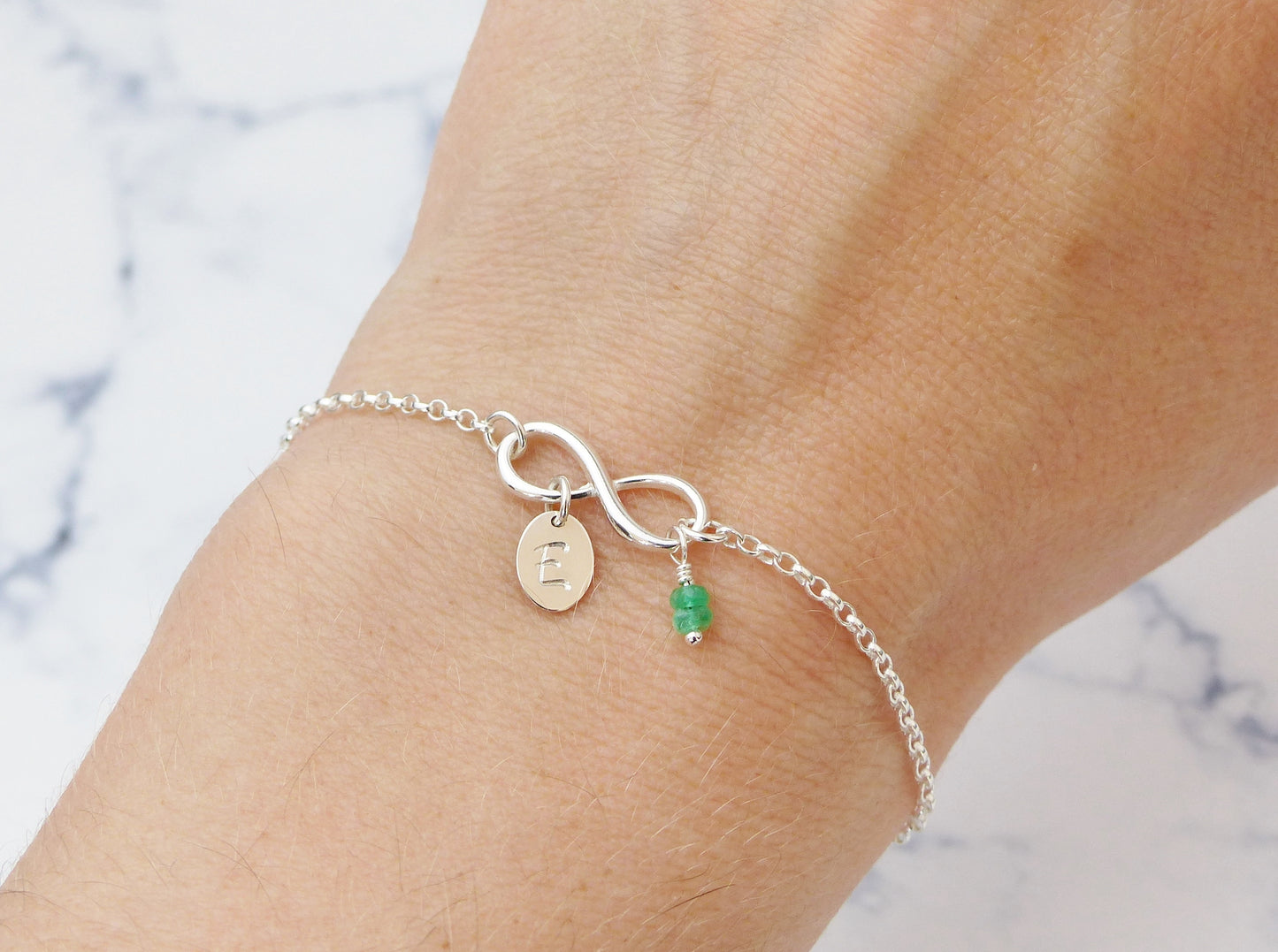 Personalised Emerald Charm Infinity Bracelet - Sterling Silver May Birthstone Gift