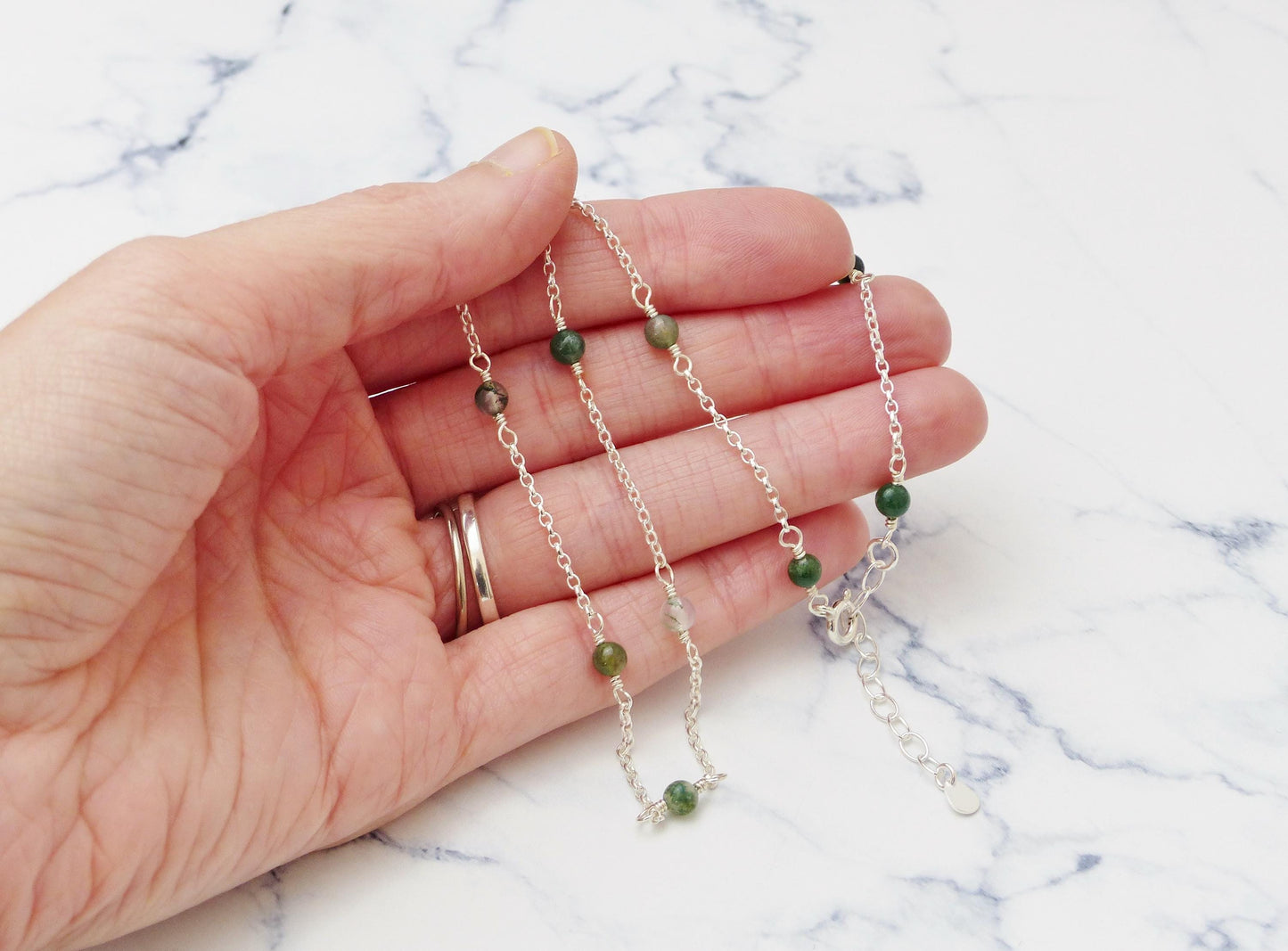 Green Moss Agate Necklace, Gemstone Station Necklace