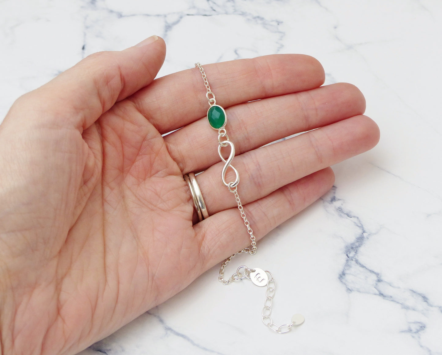 Personalised Green Onyx Infinity Bracelet - Sterling Silver