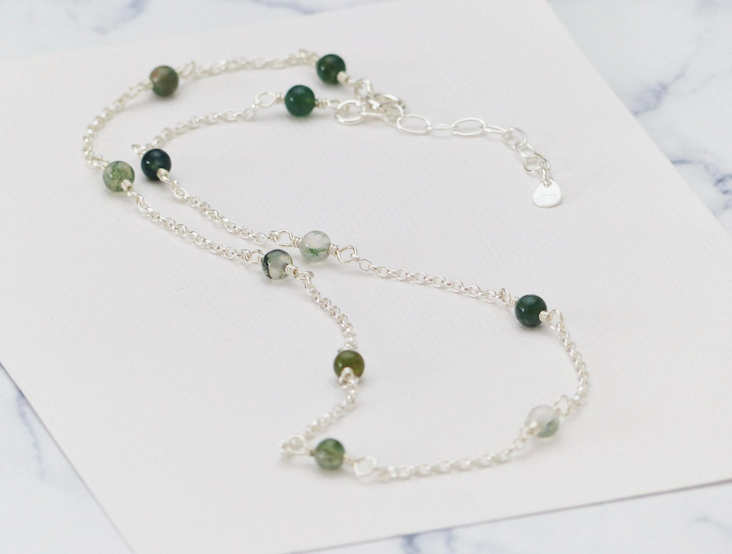 Green Moss Agate Necklace, Gemstone Station Necklace
