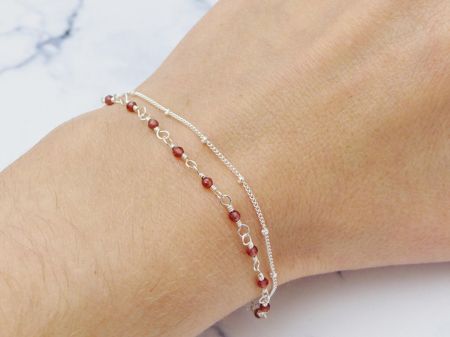Custom Gemstone Dainty Layered Bracelet - Minimalist Sterling Silver Jewellery