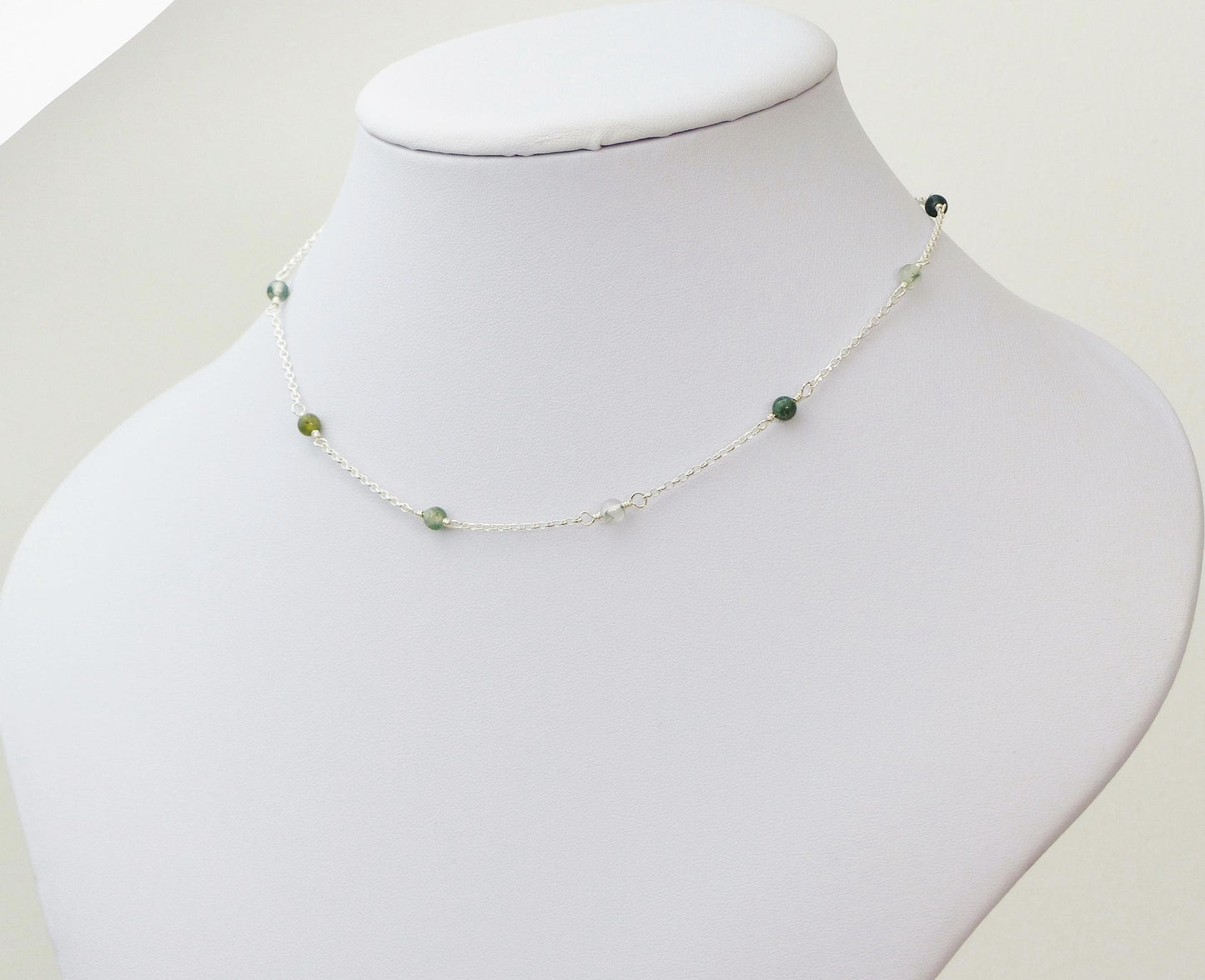 Green Moss Agate Necklace, Gemstone Station Necklace