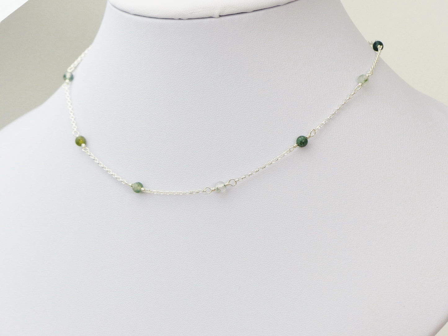 Green Moss Agate Necklace, Gemstone Station Necklace