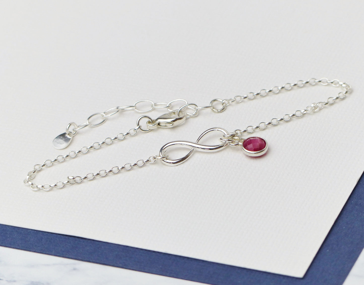 Sterling Silver Infinity Bracelet With Ruby Charm, July Birthstone Gift
