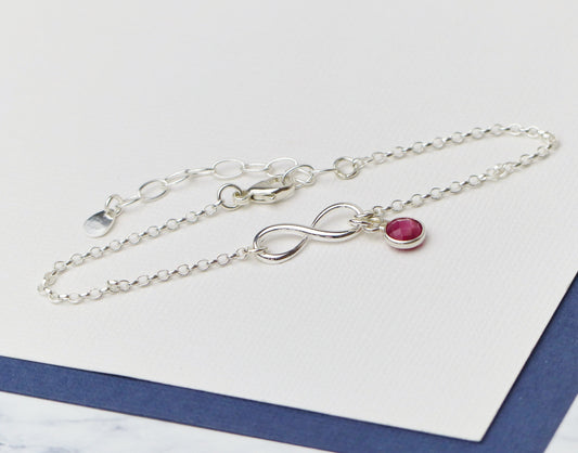 Sterling Silver Infinity Bracelet With Ruby Charm, July Birthstone Gift