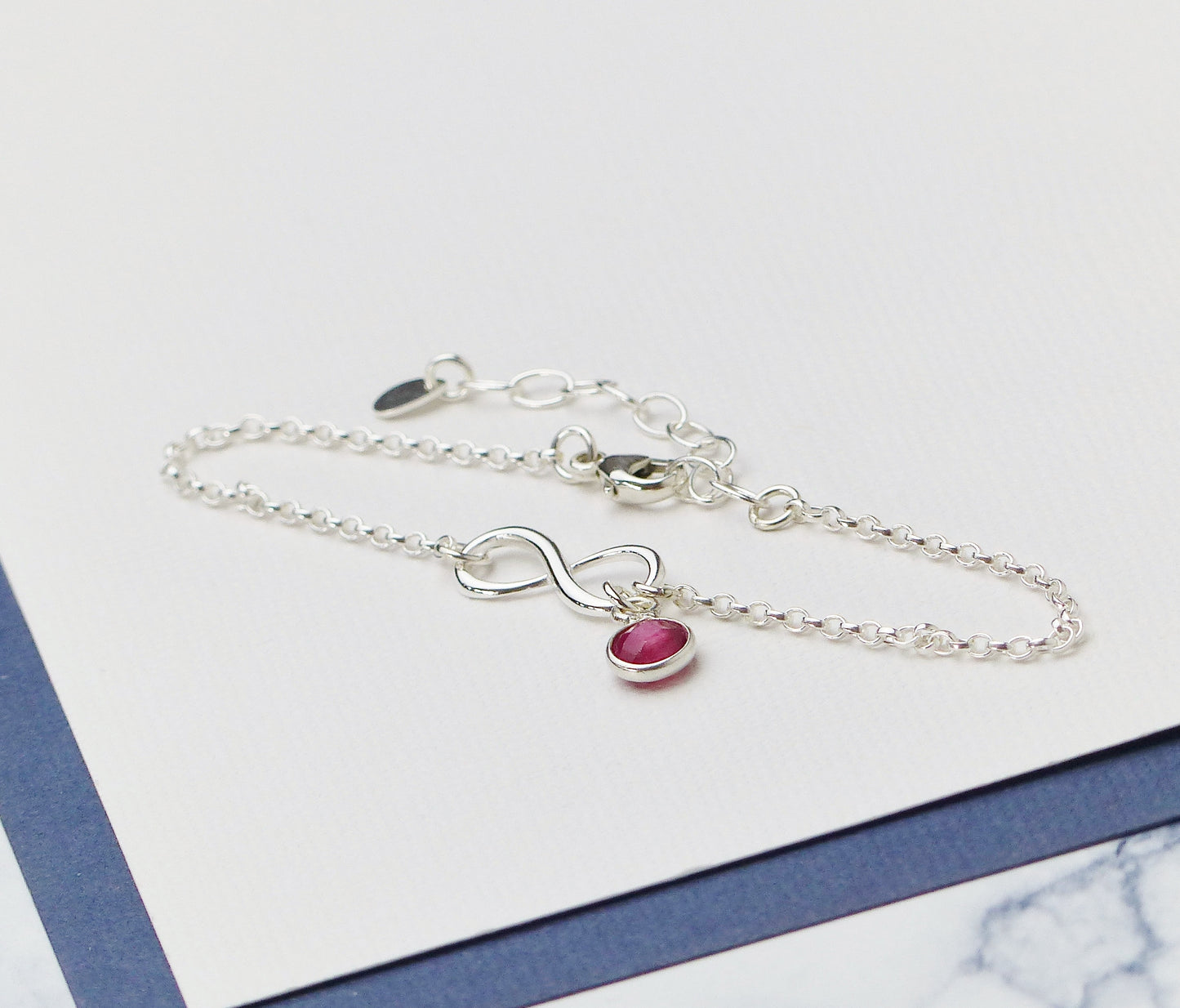 Sterling Silver Infinity Bracelet With Ruby Charm, July Birthstone Gift