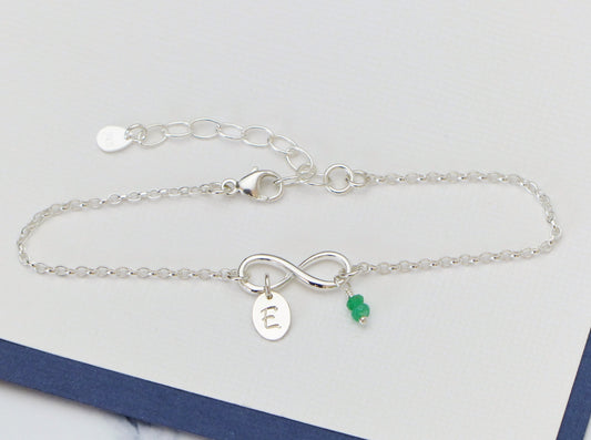 Personalised Emerald Charm Infinity Bracelet - Sterling Silver May Birthstone Gift