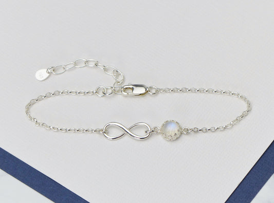 Rainbow Moonstone Infinity Bracelet – 925 Sterling Silver June Birthstone Gift