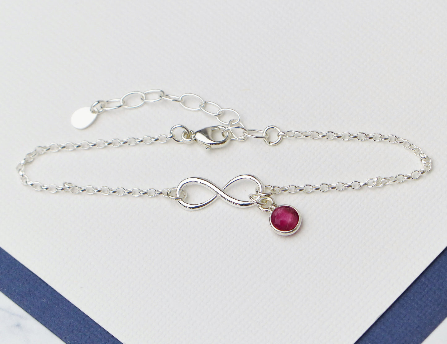 Sterling Silver Infinity Bracelet With Ruby Charm, July Birthstone Gift