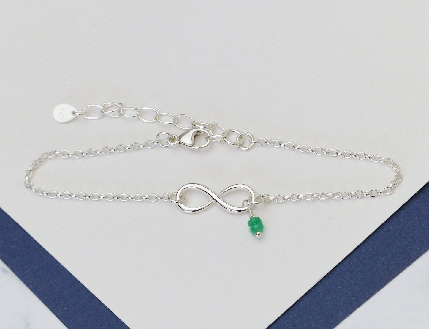 Genuine Emerald Sterling Silver Infinity Bracelet - May Birthstone Gift
