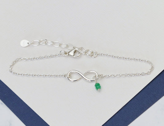 Genuine Emerald Sterling Silver Infinity Bracelet - May Birthstone Gift