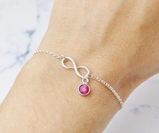 Sterling Silver Infinity Bracelet With Ruby Charm, July Birthstone Gift