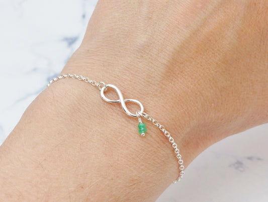 Genuine Emerald Sterling Silver Infinity Bracelet - May Birthstone Gift