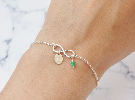 Personalised Emerald Charm Infinity Bracelet - Sterling Silver May Birthstone Gift