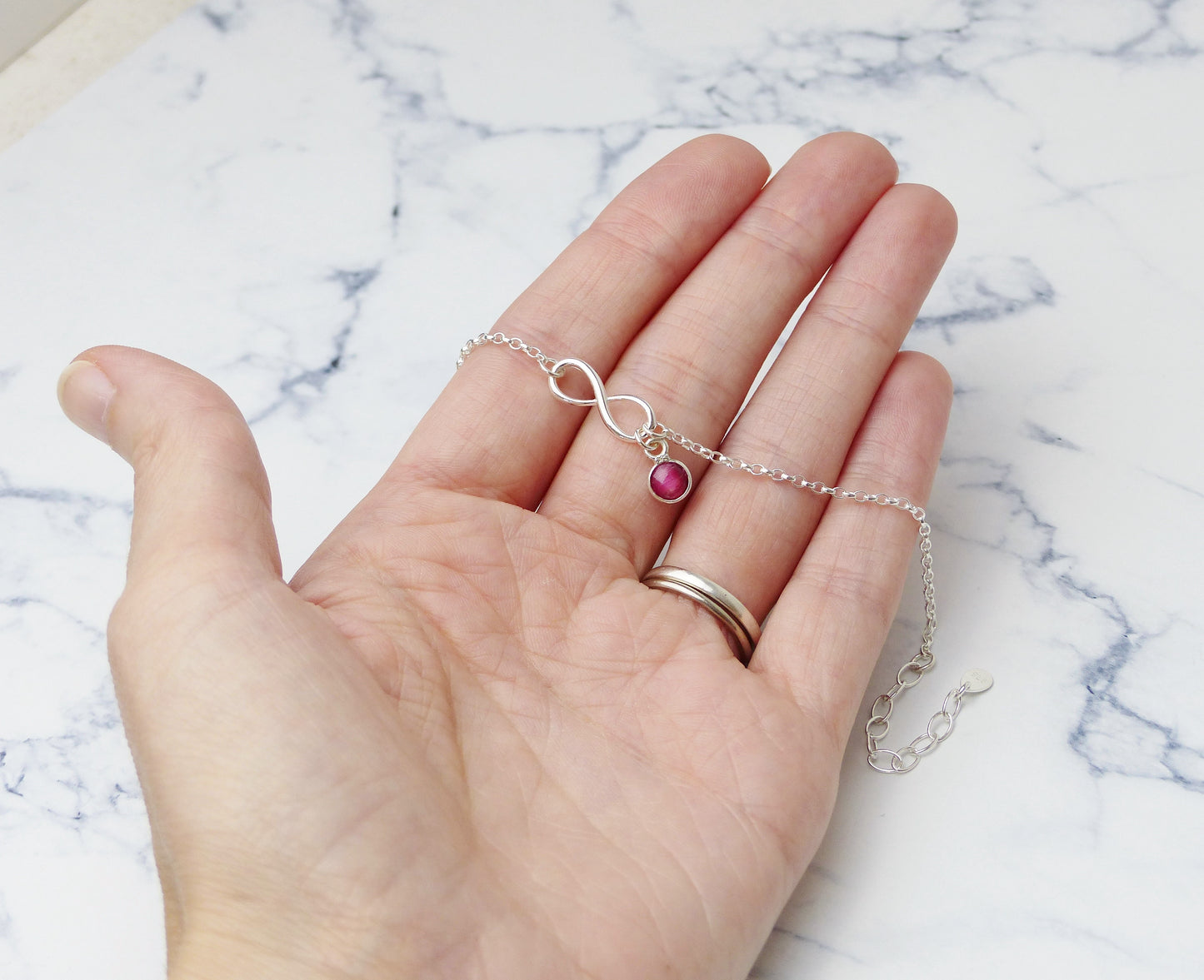 Sterling Silver Infinity Bracelet With Ruby Charm, July Birthstone Gift