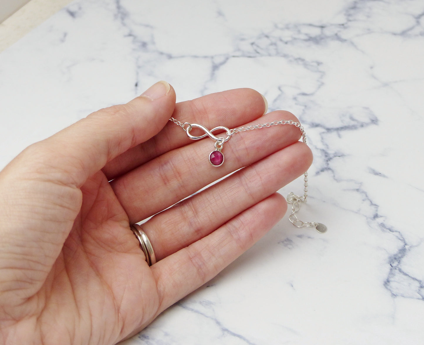 Sterling Silver Infinity Bracelet With Ruby Charm, July Birthstone Gift