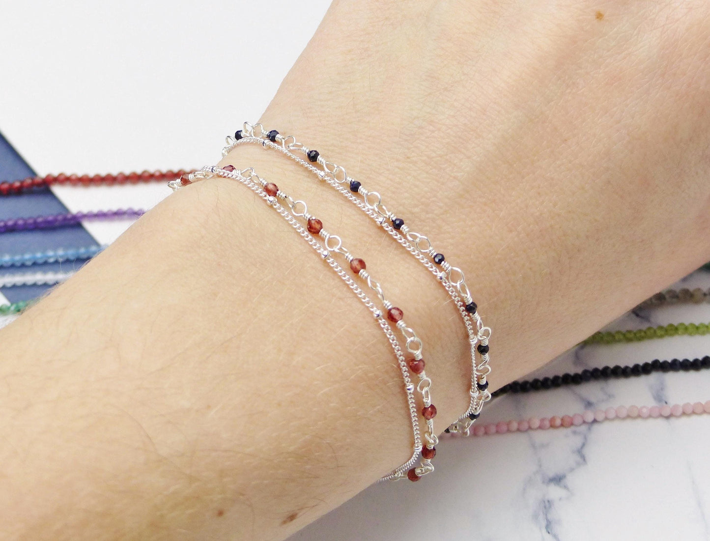 Custom Gemstone Dainty Layered Bracelet - Minimalist Sterling Silver Jewellery